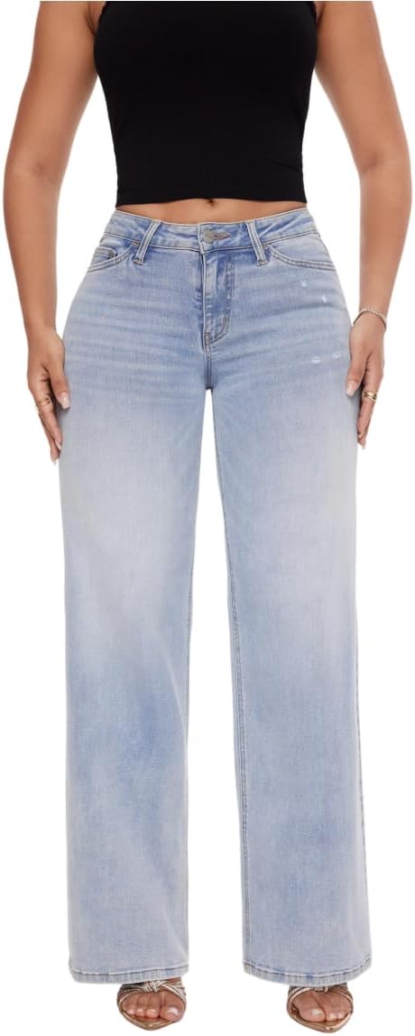 Mid-Low Rise Baggy Jeans for Women - Distressed Wide Leg Stretchy Pants