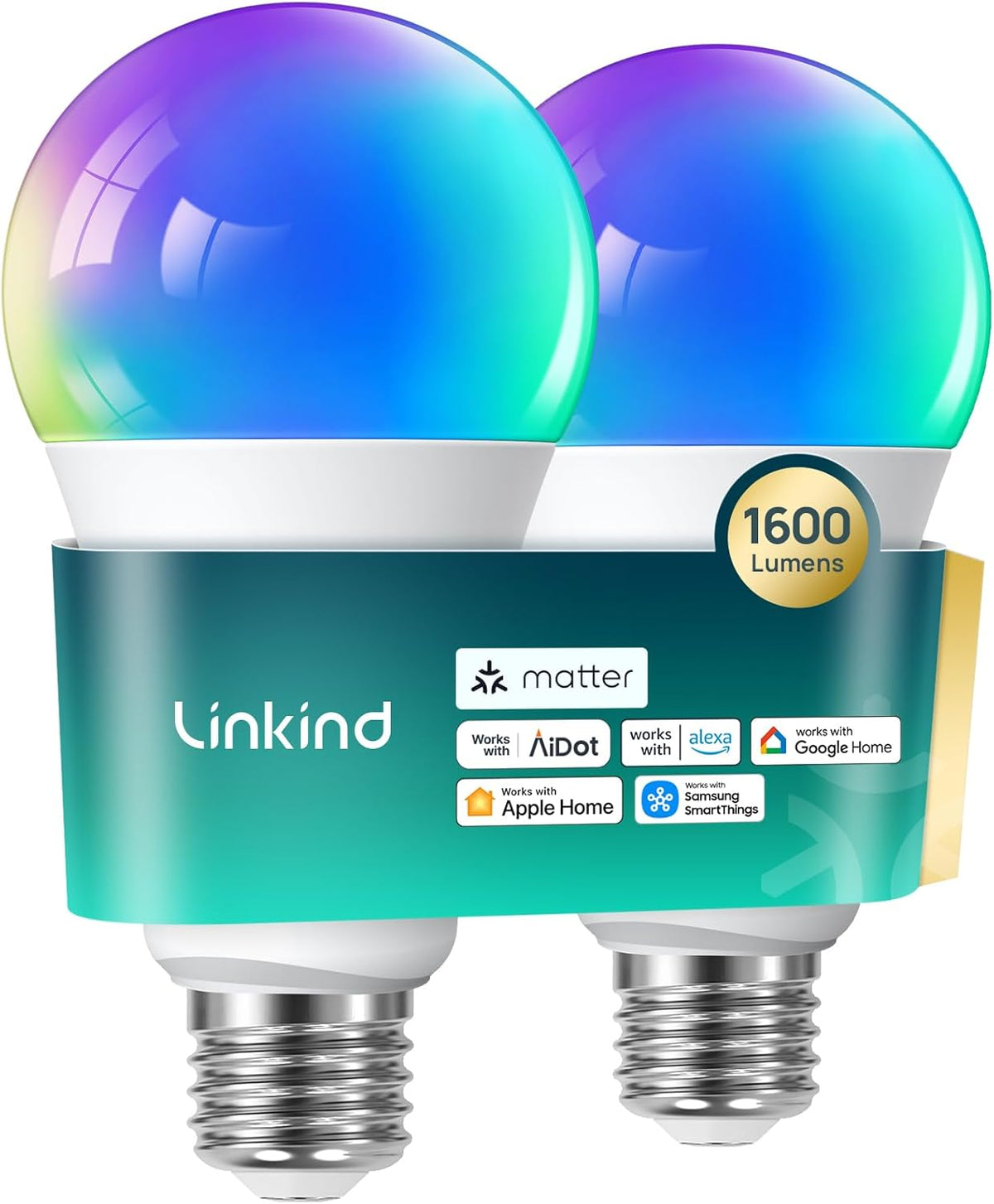 Matter Smart Light Bulb, 1600LM RGBTW Color Changing, Music Sync, Wi-Fi A21 E26, 4-Pack