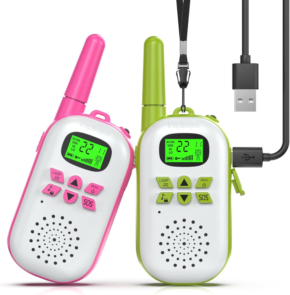 Rechargeable Kids Walkie Talkies 2-Pack, Long Range 2-Way Radios with 22 Channels