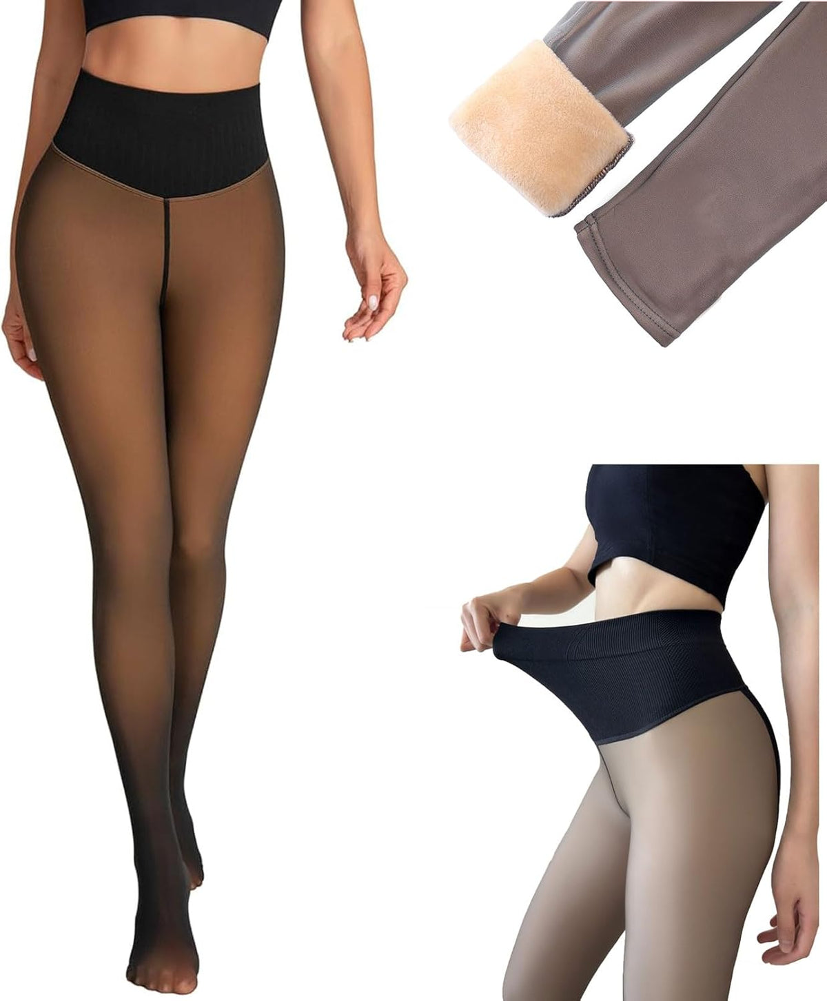 Fleece-Lined Compression Tights with One-Seam Design & Translucent Skin Tone