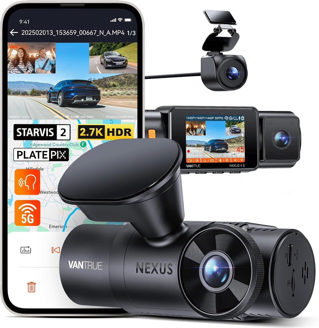 3-Channel Dash Cam with 2.7K Triple Lens, Night Vision & 24/7 Parking Mode