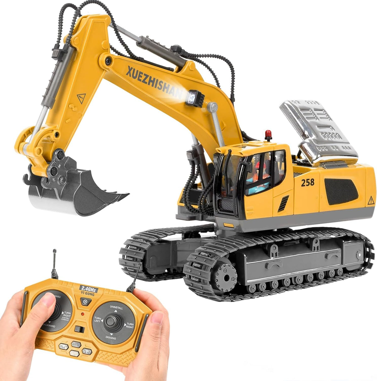 680° Rotating Remote Control Excavator Toy with Metal Shovel, Lights & Sounds
