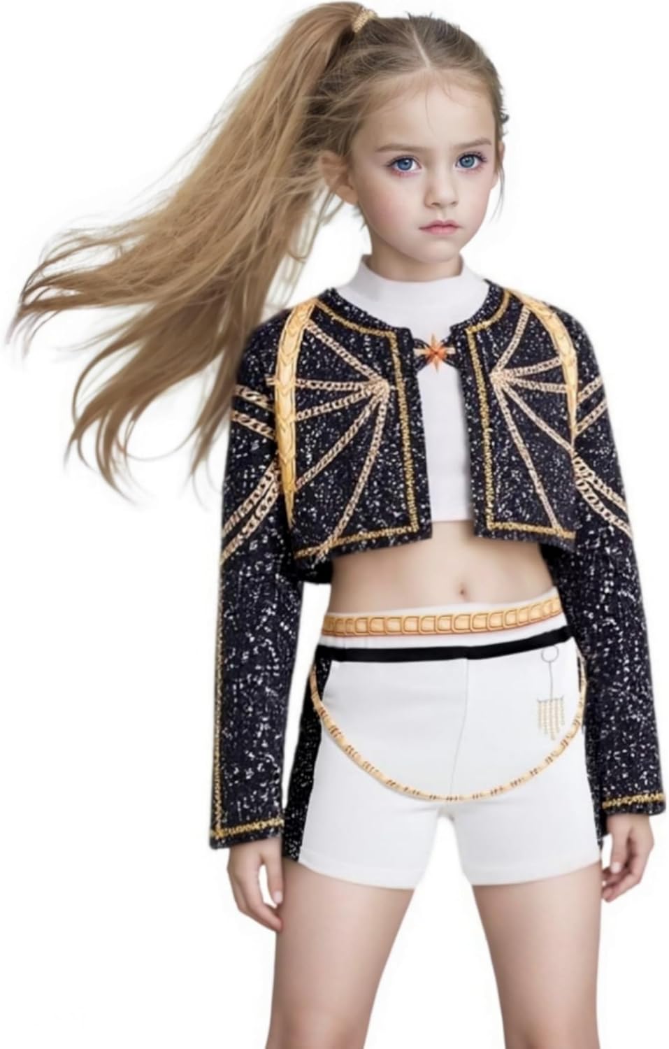Kids Kpop Halloween Cosplay Outfit 3-Piece Set with Jacket, Top and Shorts