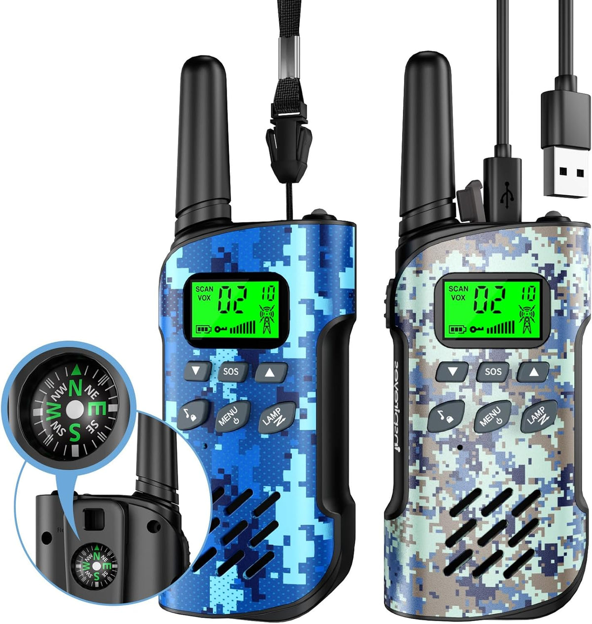 Rechargeable Kids Walkie Talkies 2-Pack, Long Range 2-Way Radios with 22 Channels