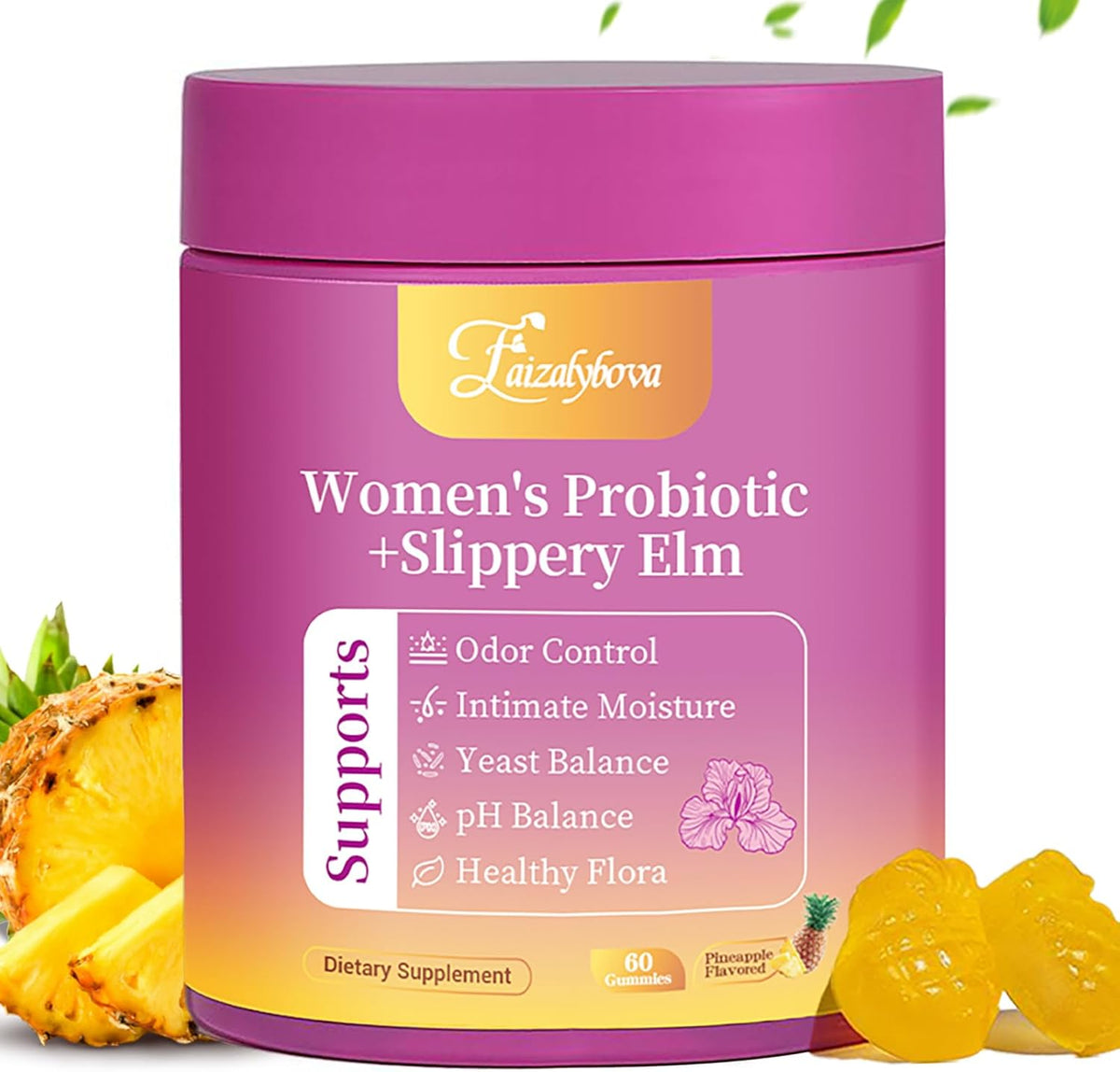 Women's Probiotic Gummies with Slippery Elm, Pineapple Flavor | pH Balance & Digestive Support