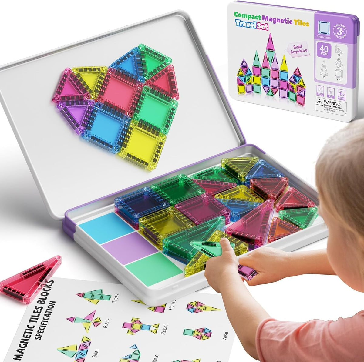 Mini Magnetic Tiles Building Blocks 40PCS - Montessori Educational Travel Construction Set with Storage Box