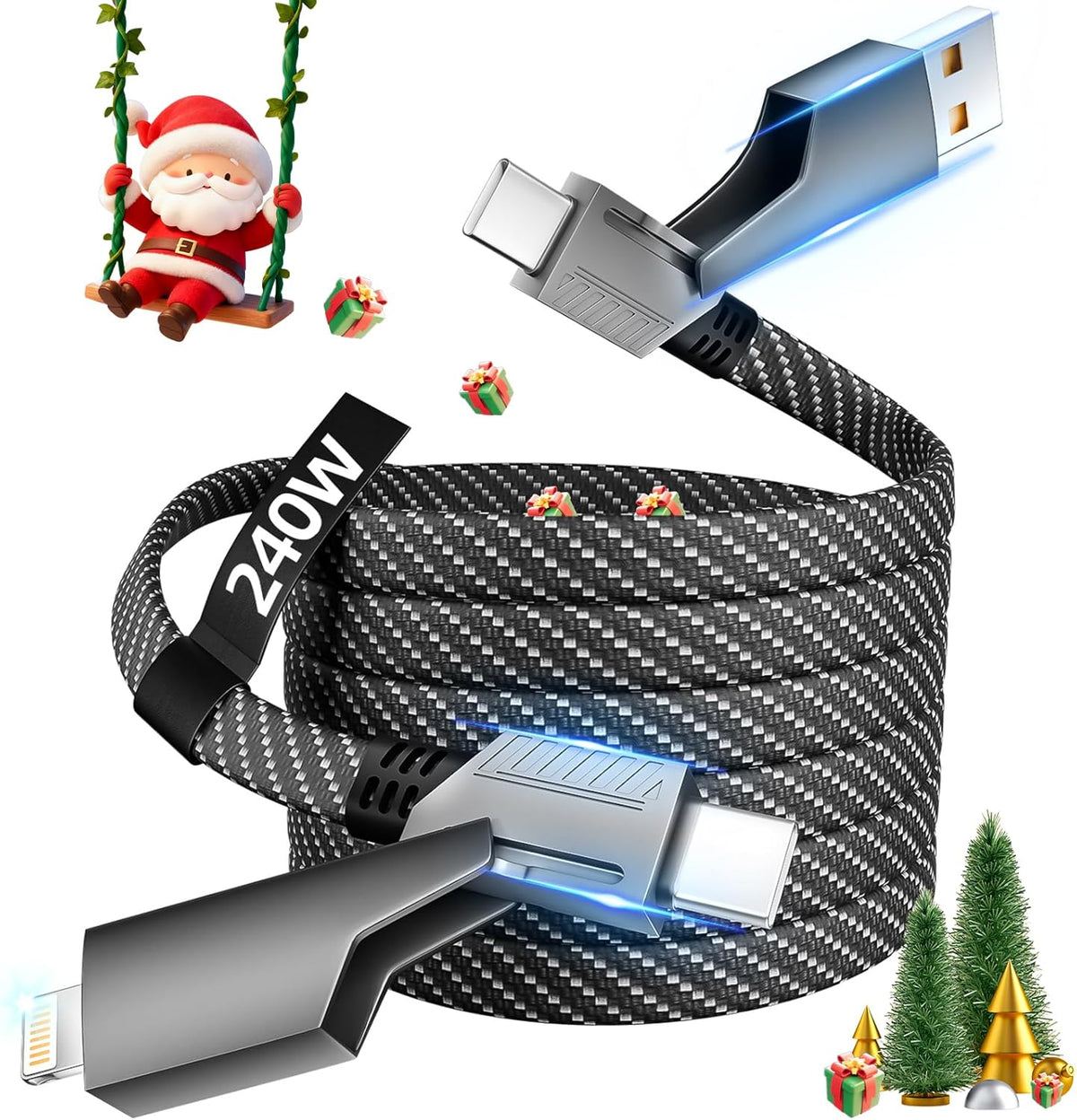 65W 4-in-1 Fast Charging Cable with E-Mark Chip, Multi-Port USB C Cable for Phones & Tablets