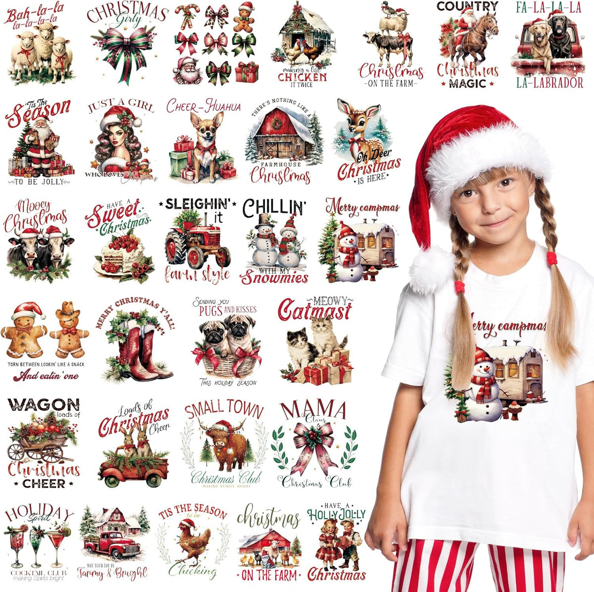 24Pcs Retro Christmas DTF Transfers with Gingerbread Dinosaurs for DIY Holiday Crafts