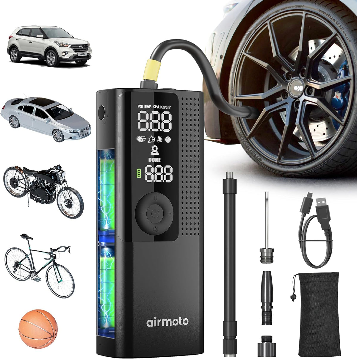 Portable Tire Inflator with Digital Gauge, Auto Shut-Off, LED Light - Cordless Air Pump for Car, Bike, Ball