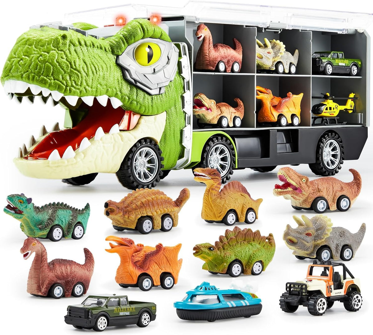 13-in-1 Dinosaur Transport Truck with 12 Pull Back Cars & Sounds, Educational Toy for Kids 3-5 Years