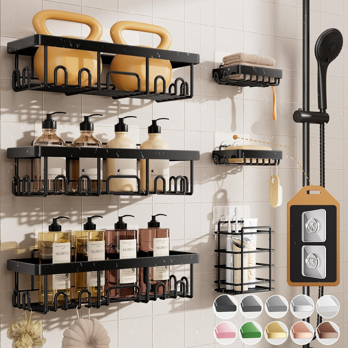 6-Pack Adhesive Shower Caddy Set - Rustproof Stainless Steel Bathroom Organizer & Storage