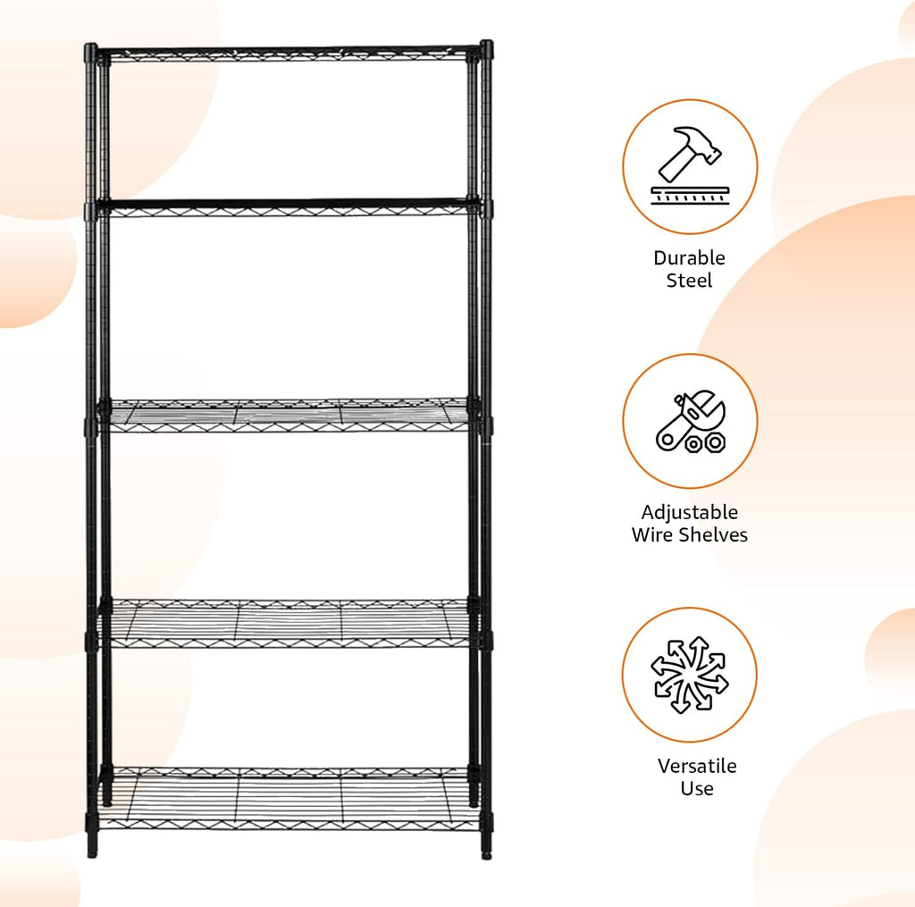 5-Shelf Adjustable Heavy Duty Steel Wire Rack Storage Shelving Organizer, 36" x 14" x 72", Black