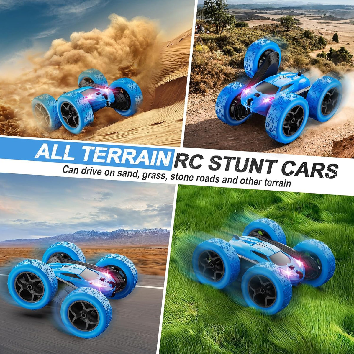 4WD Stunt RC Car with 360° Flips & LED Lights | 2.4GHz Remote | USB-C Modular Batteries | Gift for Kids 6-12