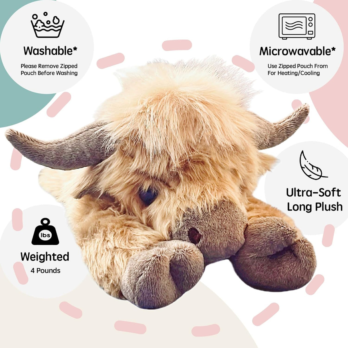 20" Highland Cow Weighted Stuffed Animal with Microwavable Heating Pad, 4lb Coolable Plush for Kids & Adults