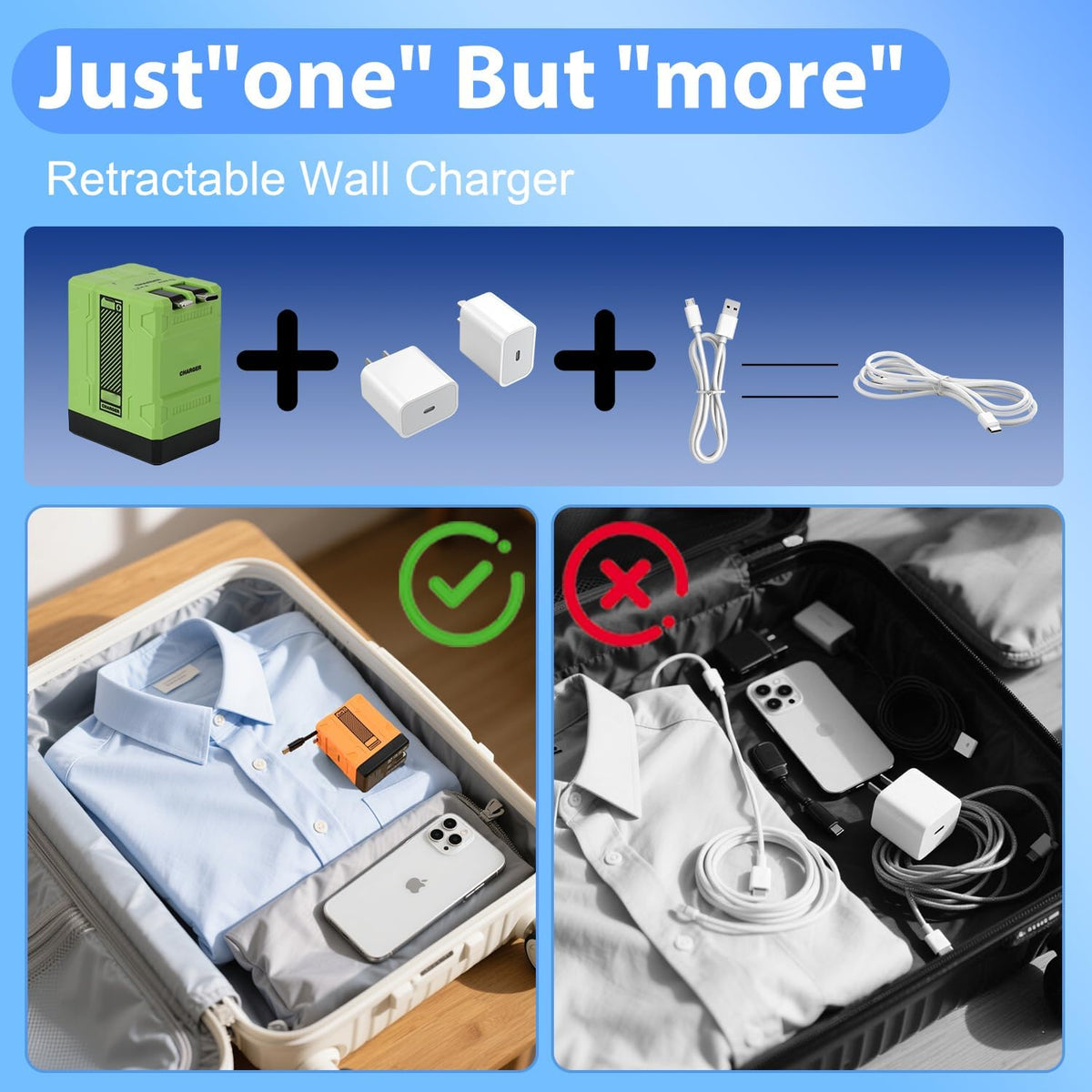 2-in-1 Retractable Wall Fast Charger 120W with Foldable Plug for Phone Tablet Laptop