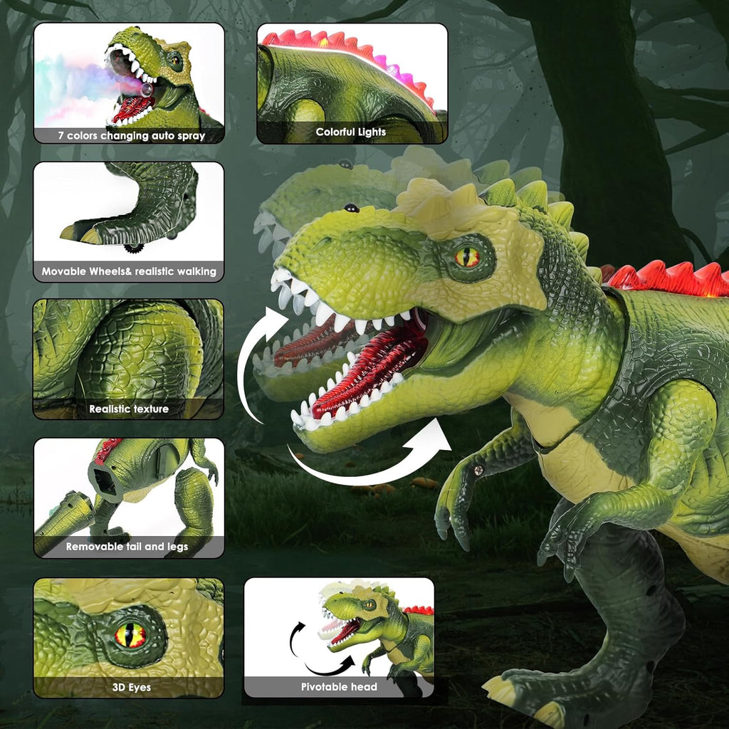 Remote Control T-Rex Dinosaur Toy with LED Lights, Fog Spray & Realistic Roars for Kids 3+