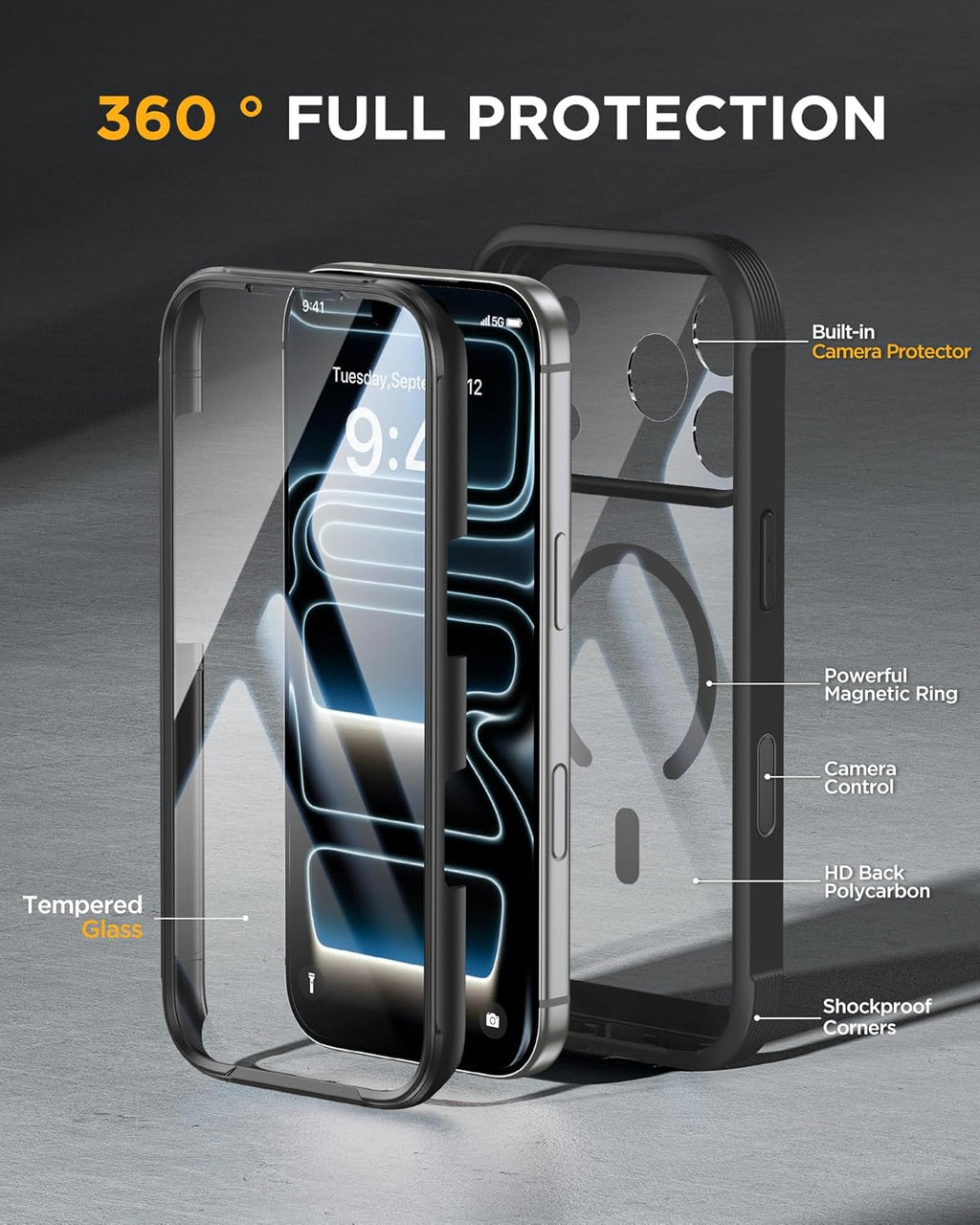 iPhone 17 Pro Max 6.9" Full-Body Case with Built-in Glass Screen & Camera Protector, Magnetic