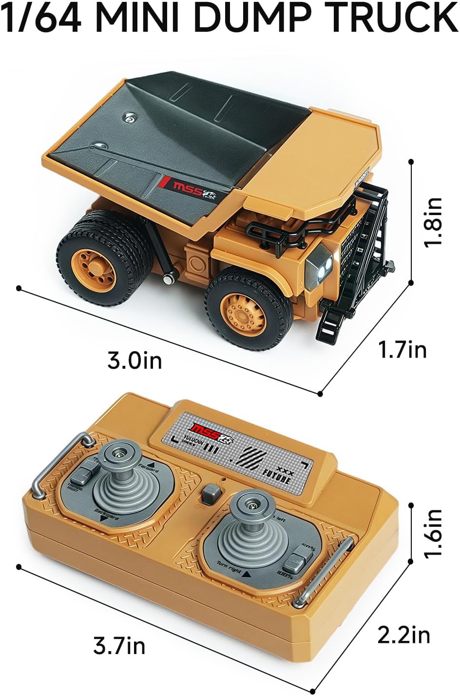 1/64 Mini RC Dump Truck with Metal Bed & Lights, 8-Channel Remote Control Construction Vehicle