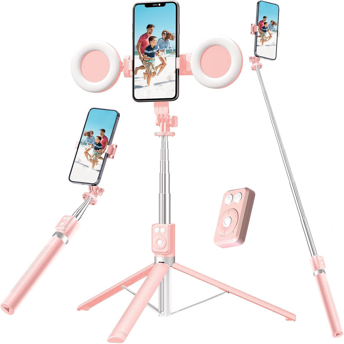 Bluetooth Selfie Stick Tripod with Fill Light, Extendable 30-170cm, Stable Tripod Support