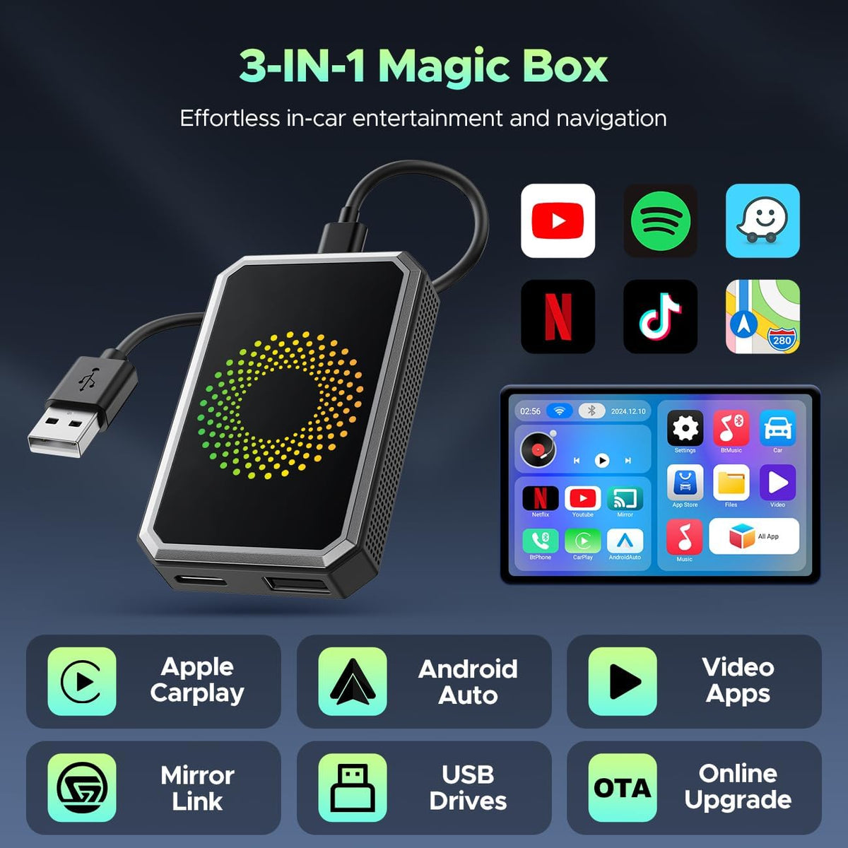 3-in-1 Wireless CarPlay Adapter with Video Streaming and USB Support