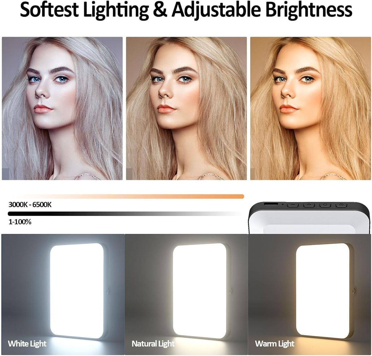 Rechargeable Clip-On Selfie Light with 3 Modes, 10 Brightness Levels, 2000mAh Battery