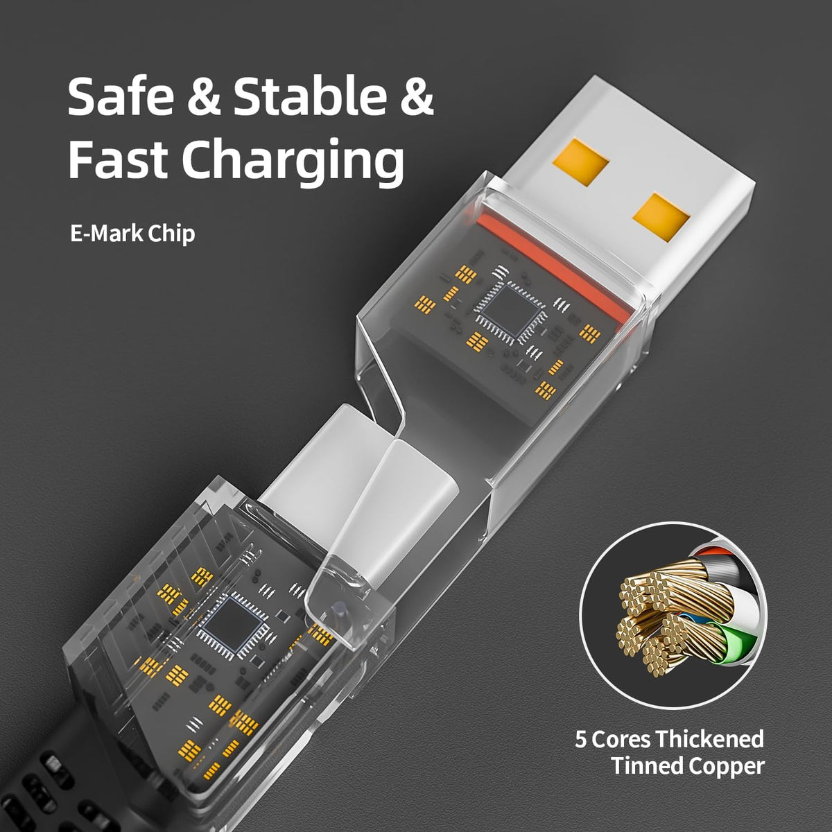 65W 4-in-1 Fast Charging Cable with E-Mark Chip, Multi-Port USB C Cable for Phones & Tablets