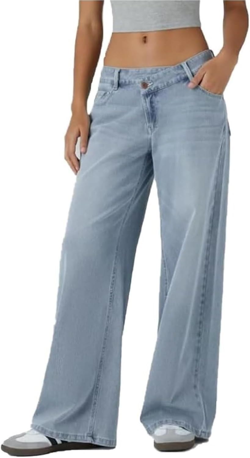 Asymmetrical Low-Rise Loose Jeans for Women, Wide Leg Baggy Straight Denim Pants