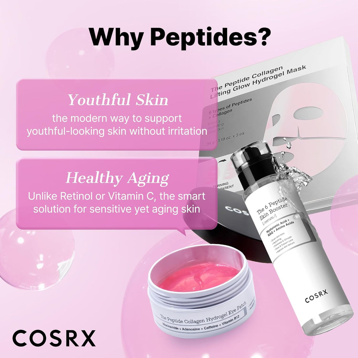 Pink Peptides Collagen Hydrogel Eye Patches for Puffy Eyes and Dark Circles, 60 Count