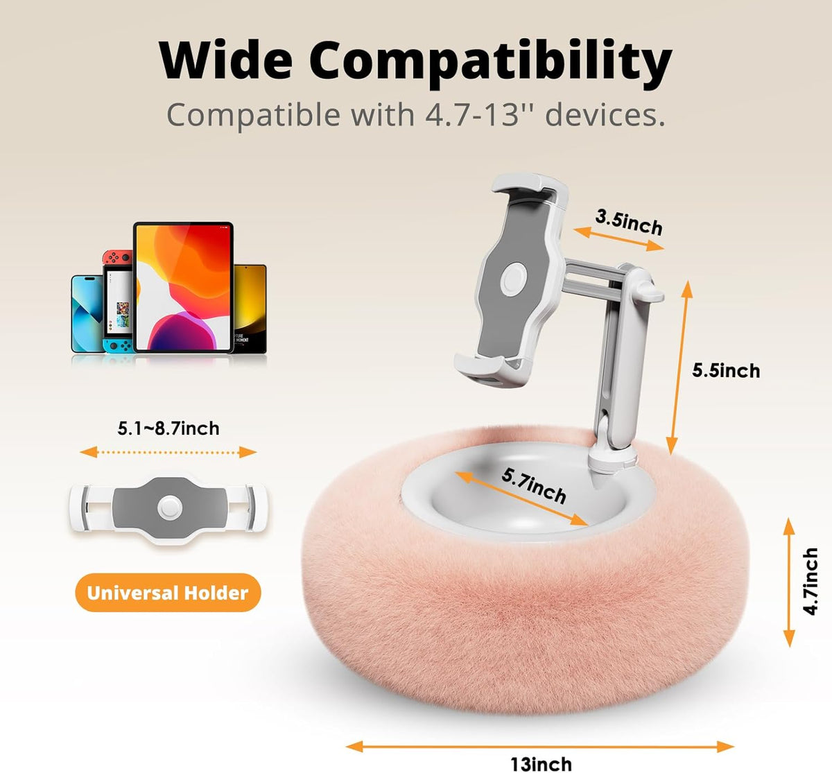 Adjustable Tablet Pillow Stand with Snack Bowl, Universal Holder for 4.7-13 inch Devices
