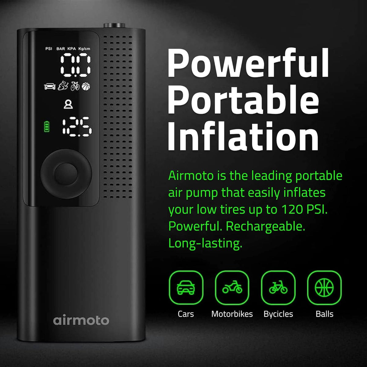 Portable Tire Inflator with Power Kit - Cordless Air Compressor for Cars, Motorcycles, Bikes