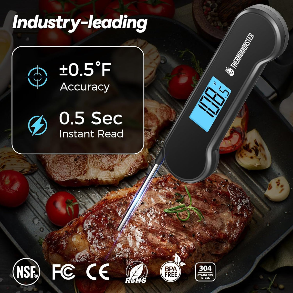 0.5 Second Instant Read Digital Meat Thermometer with ±0.5℉ Precision, Waterproof Food Thermometer
