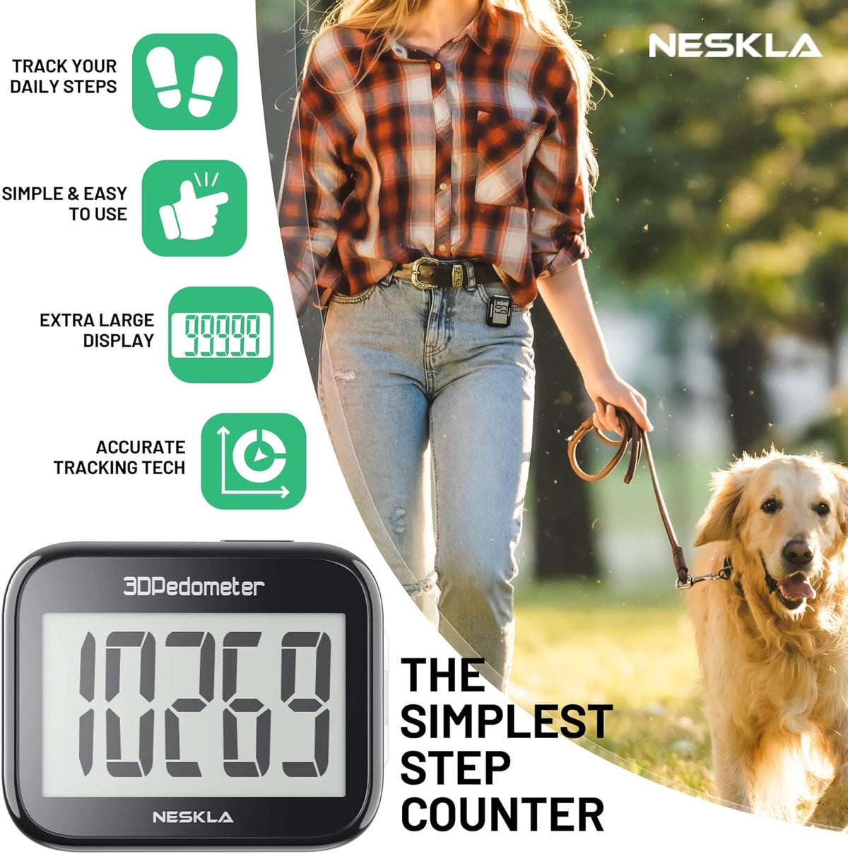 3D Pedometer with Large Digital Display, Accurate Step Counter with Clip and Lanyard