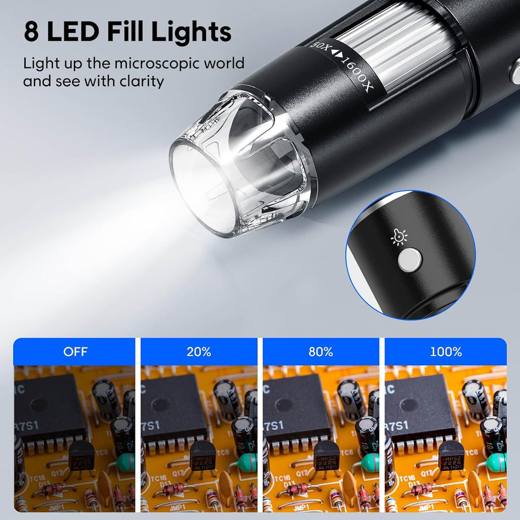 USB Digital Microscope with 50x-1600x Magnification, 1440P HD Camera, 8 LED Lights for iOS/Android