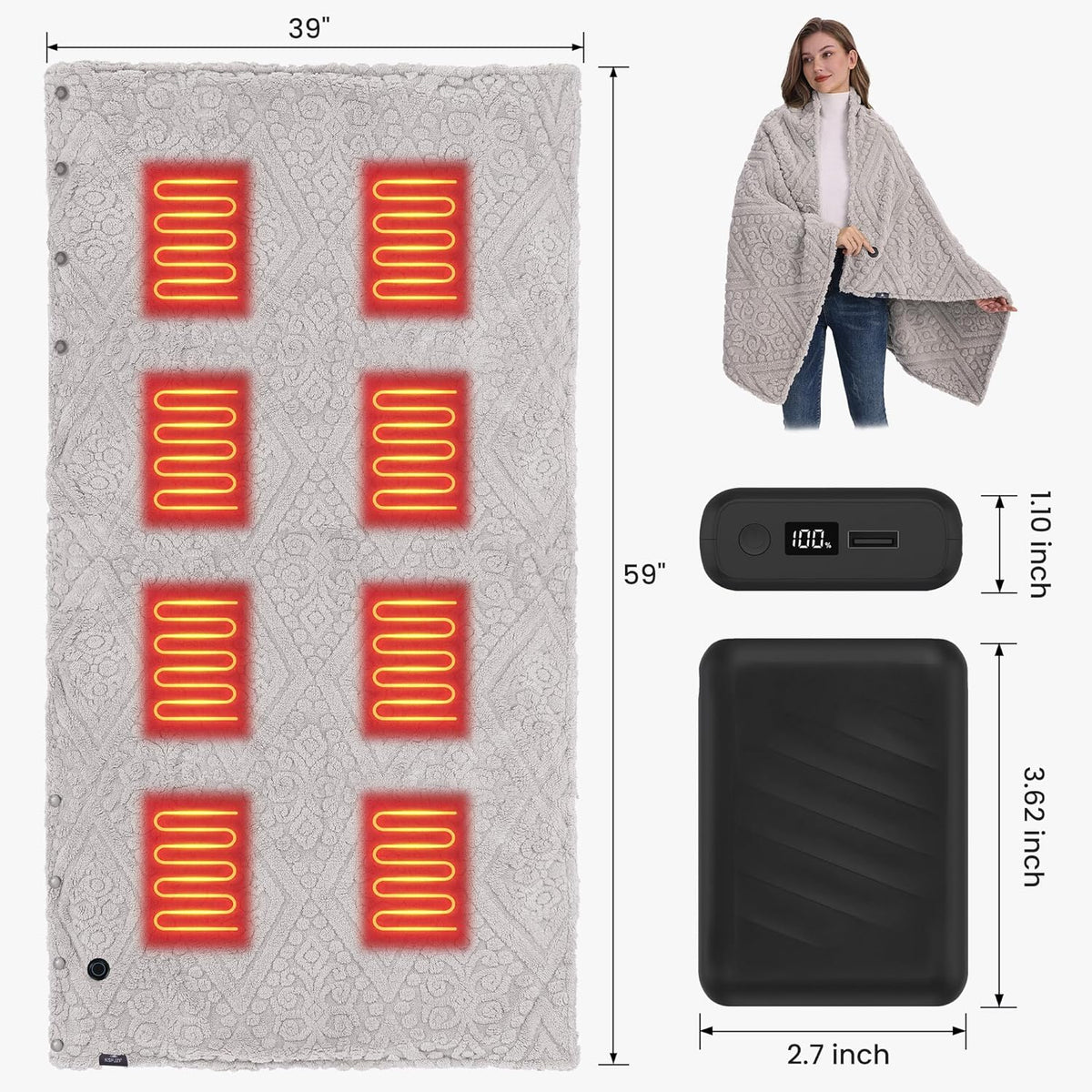 Cordless Heated Throw Blanket with Power Bank - Fast Heating, 3 Settings, Machine Washable