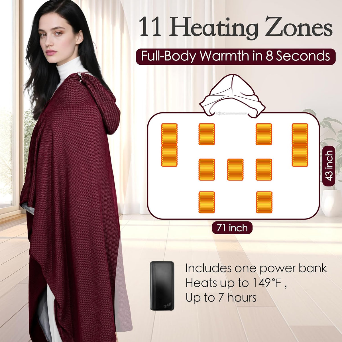 71" Wearable Heated Blanket Shawl with Power Bank, 11 Heating Zones, 3 Heat Levels & Timer