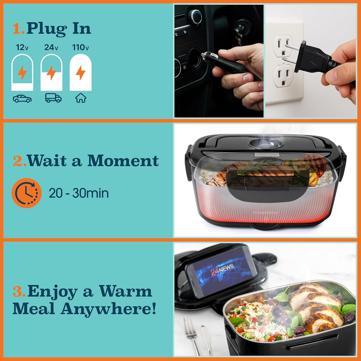 80W Electric Lunch Box with 1.5L Capacity - Portable Food Warmer for Travel & Work