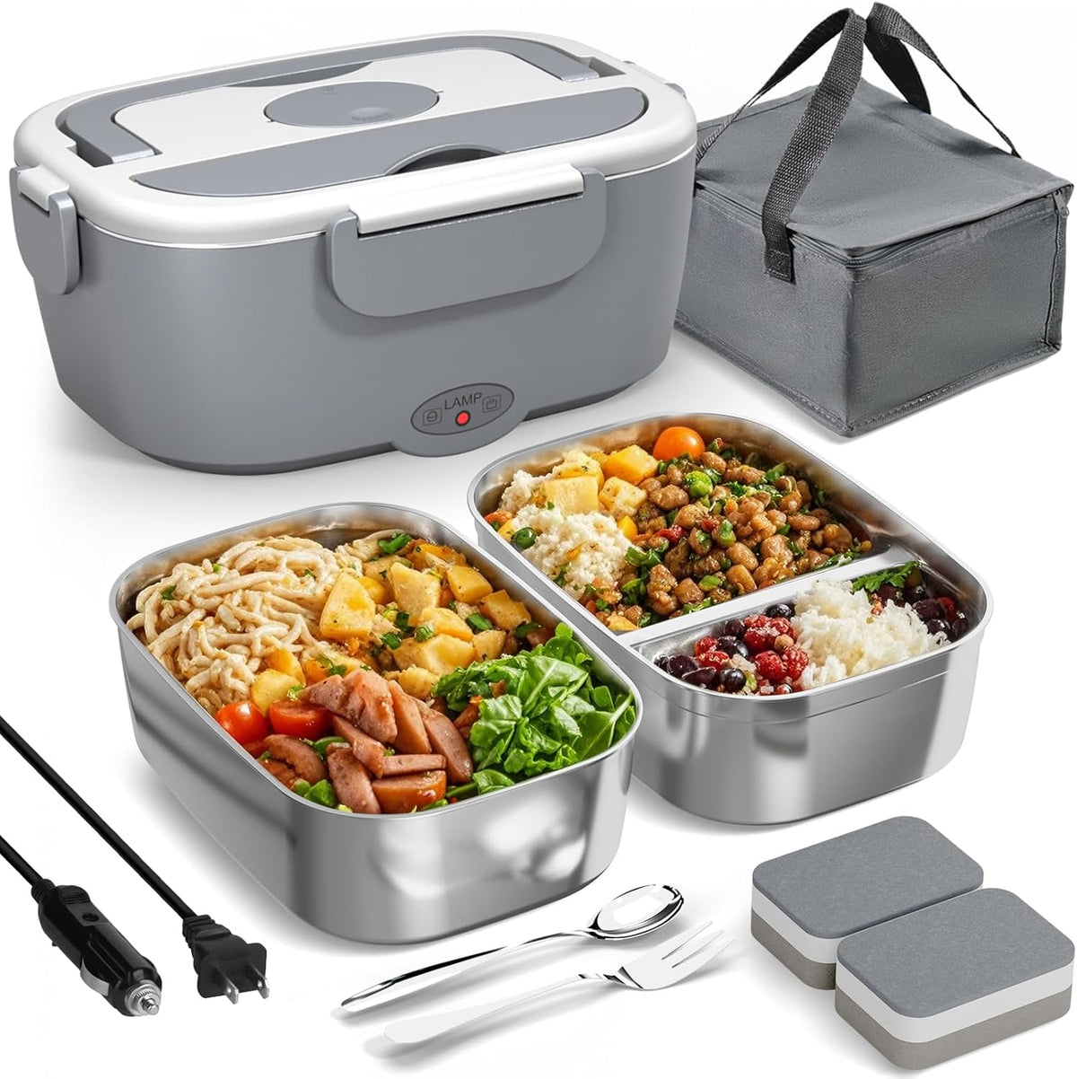 80W Electric Lunch Box with Dual 1.5L Stainless Steel Containers - Portable Food Warmer for Car & Home
