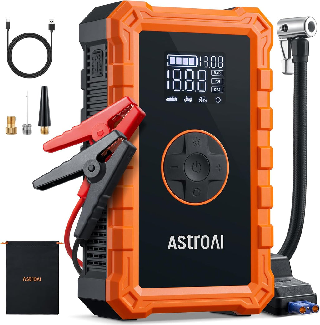 3000A Peak Car Battery Jump Starter with 150PSI Air Compressor, 12V Charger & Power Bank