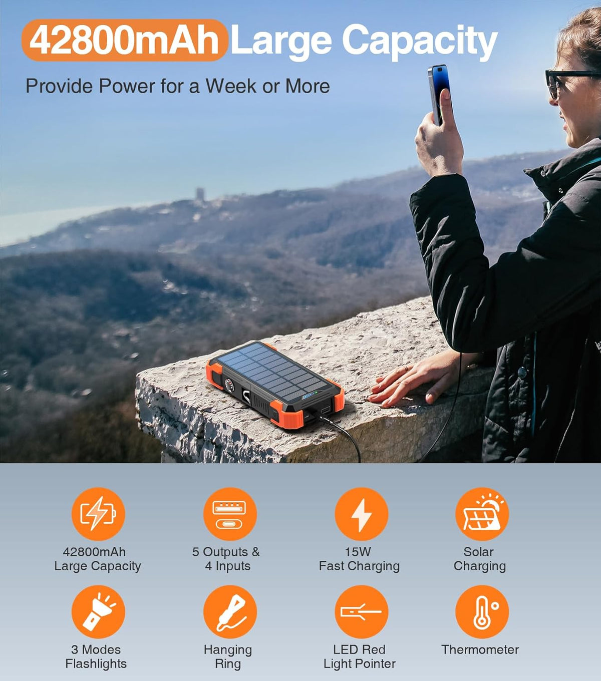 42800mAh Solar Power Bank with Built-in Cables, Thermometer & Flashlights