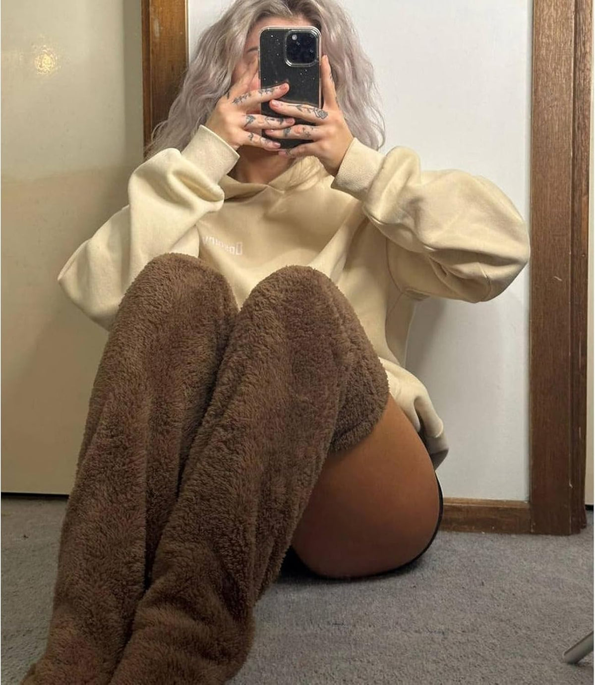 Thigh High Fuzzy Socks - Plush Teddy Bear Non-Slip Warm Sleeping Lounge Winter