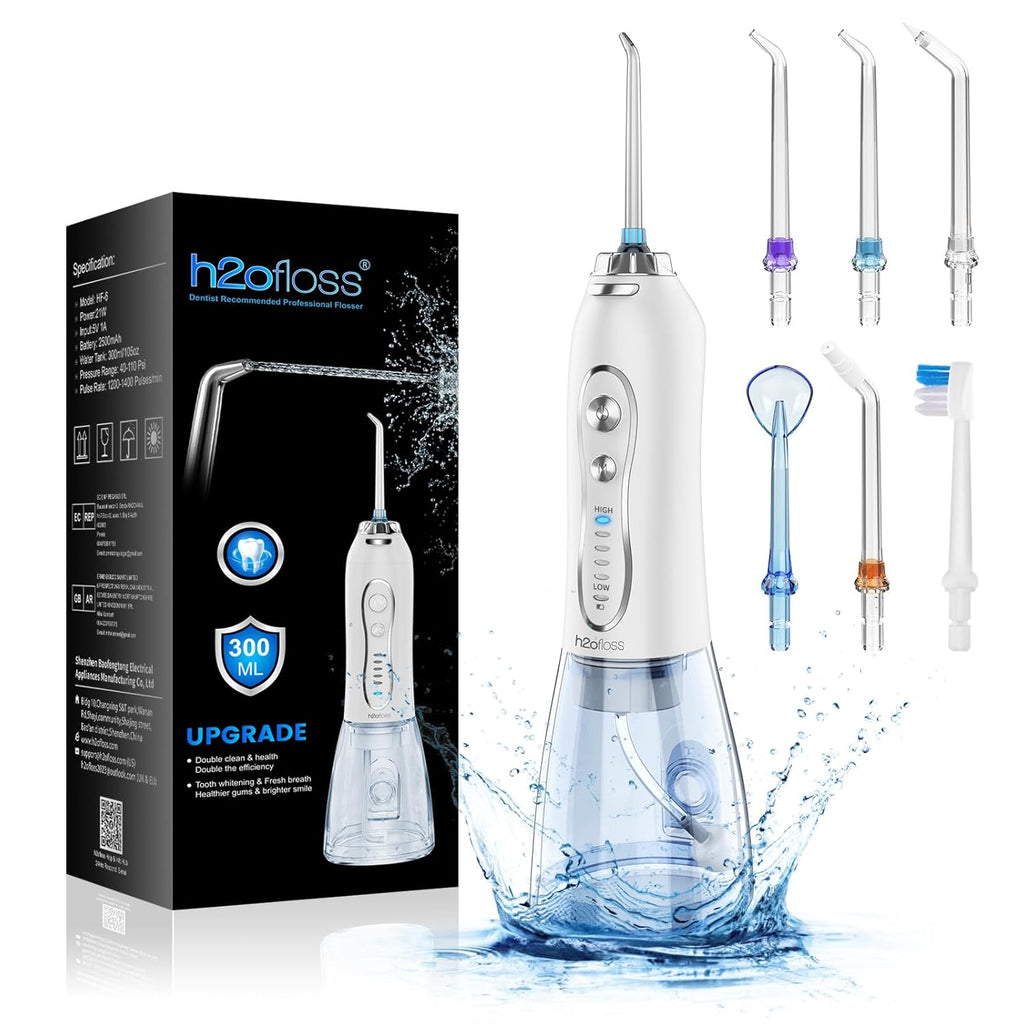 Portable Water Dental Flosser with 5 Modes, 6 Jet Tips, 300ml Detachable Reservoir, IPX7 Waterproof