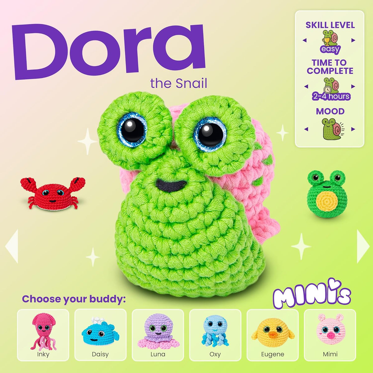 Beginner Crochet Kit: Make Snail Dora Plushie with Video Tutorial & Printed Instructions