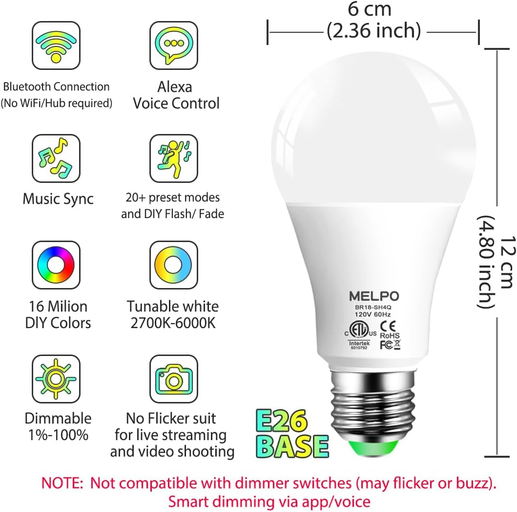 Smart RGB Light Bulbs with Alexa, 16M Colors, 12W (130W Equivalent), 8-Pack