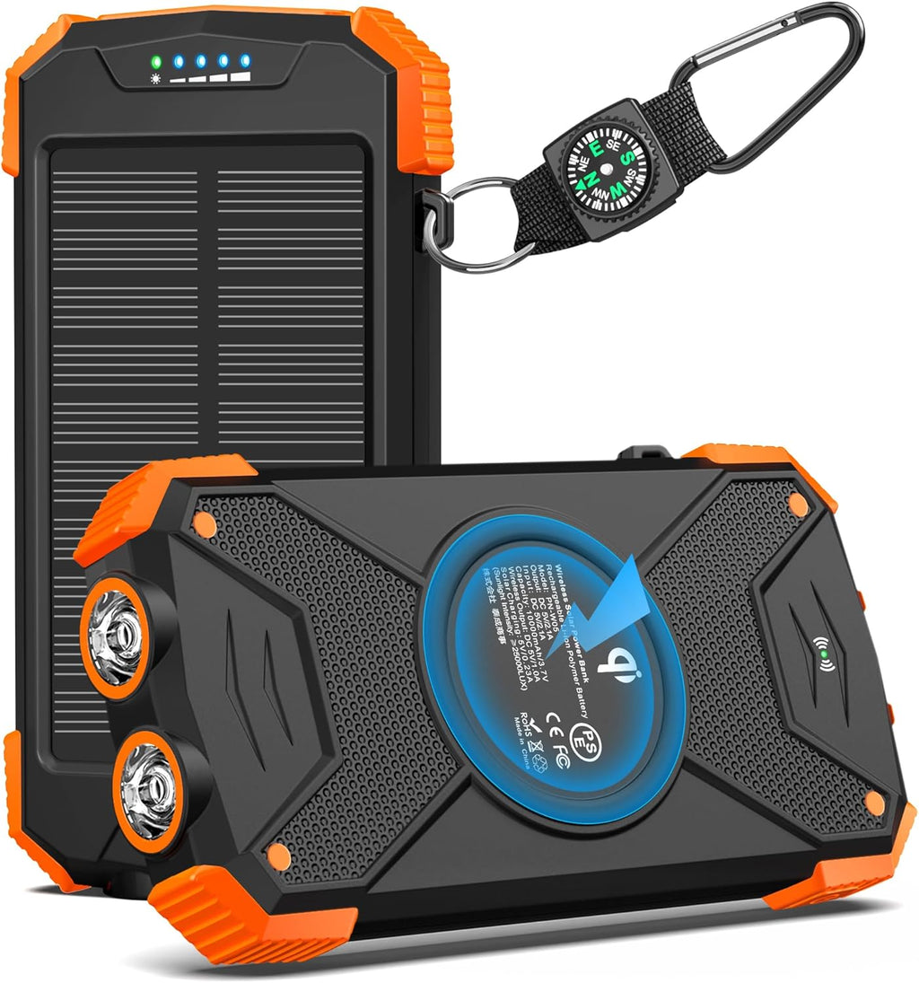 10,000mAh Solar Power Bank with 20W Fast Charging, Wireless Charger, Dual Flashlight for Camping