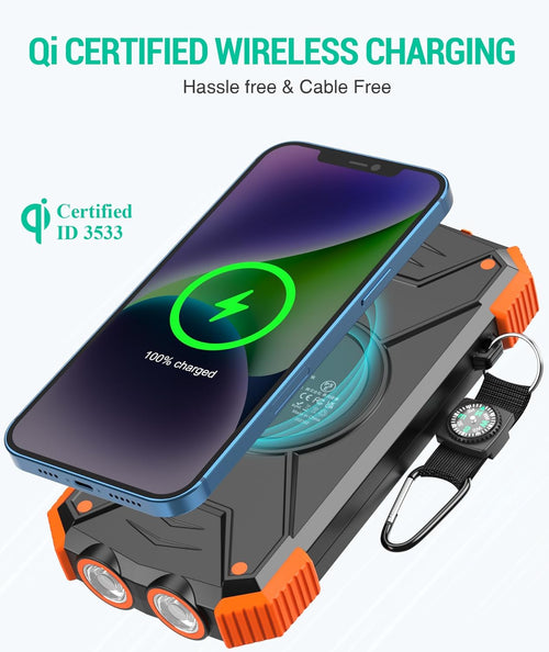 10,000mAh Solar Power Bank with 20W Fast Charging, Wireless Charger, Dual Flashlight for Camping