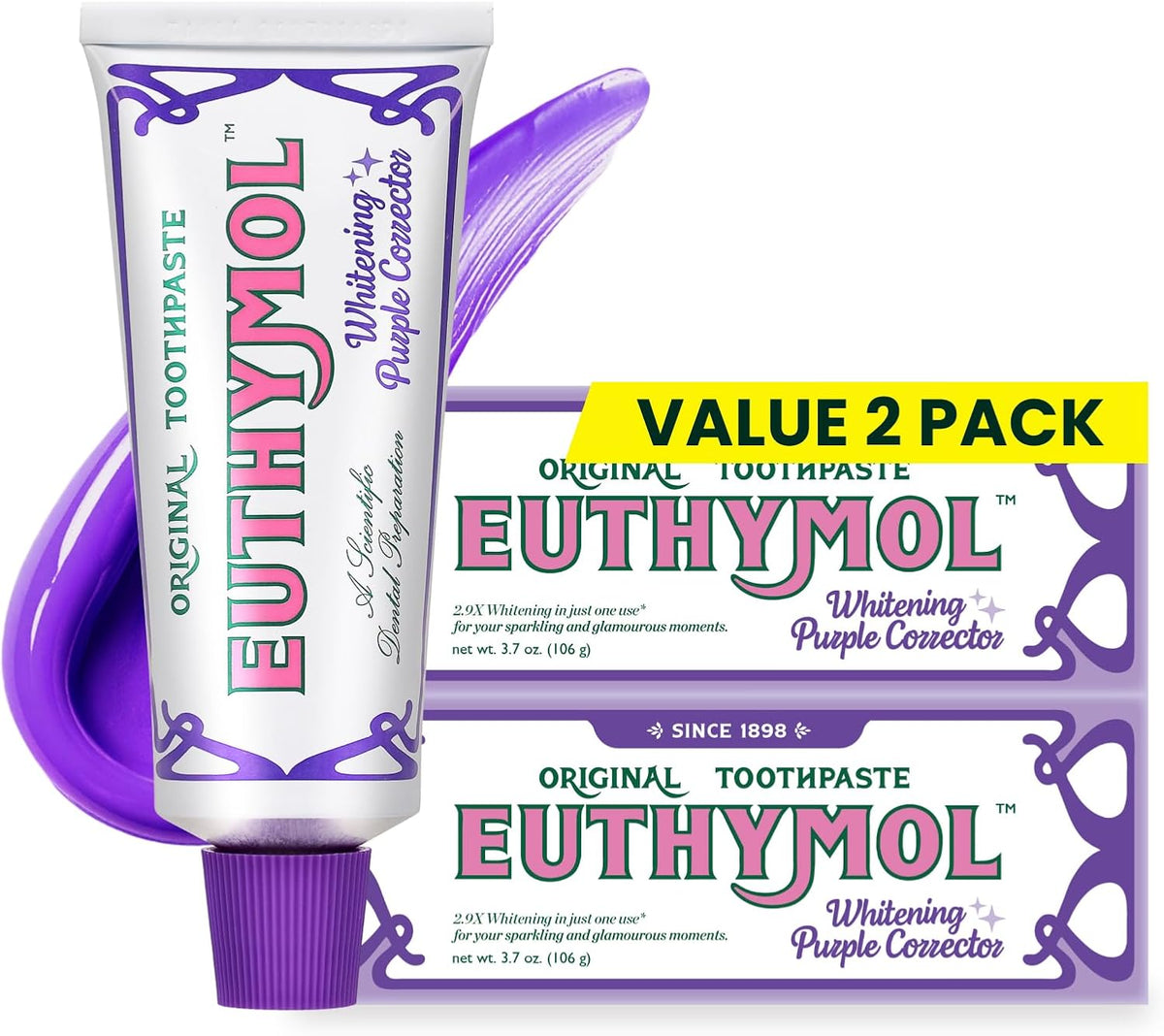 Purple Whitening Toothpaste for Yellow & Sensitive Teeth | Instant Brightening, 24H Stain Defense