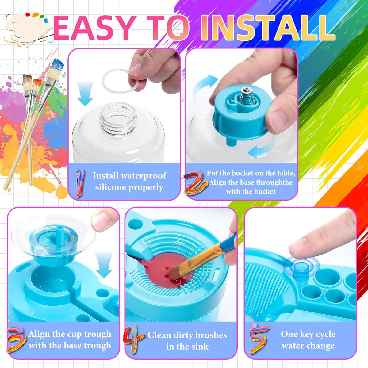 6-in-1 Paint Brush Cleaner with Tray, 500ml Water Storage & Brush Holder for Acrylic & Watercolor