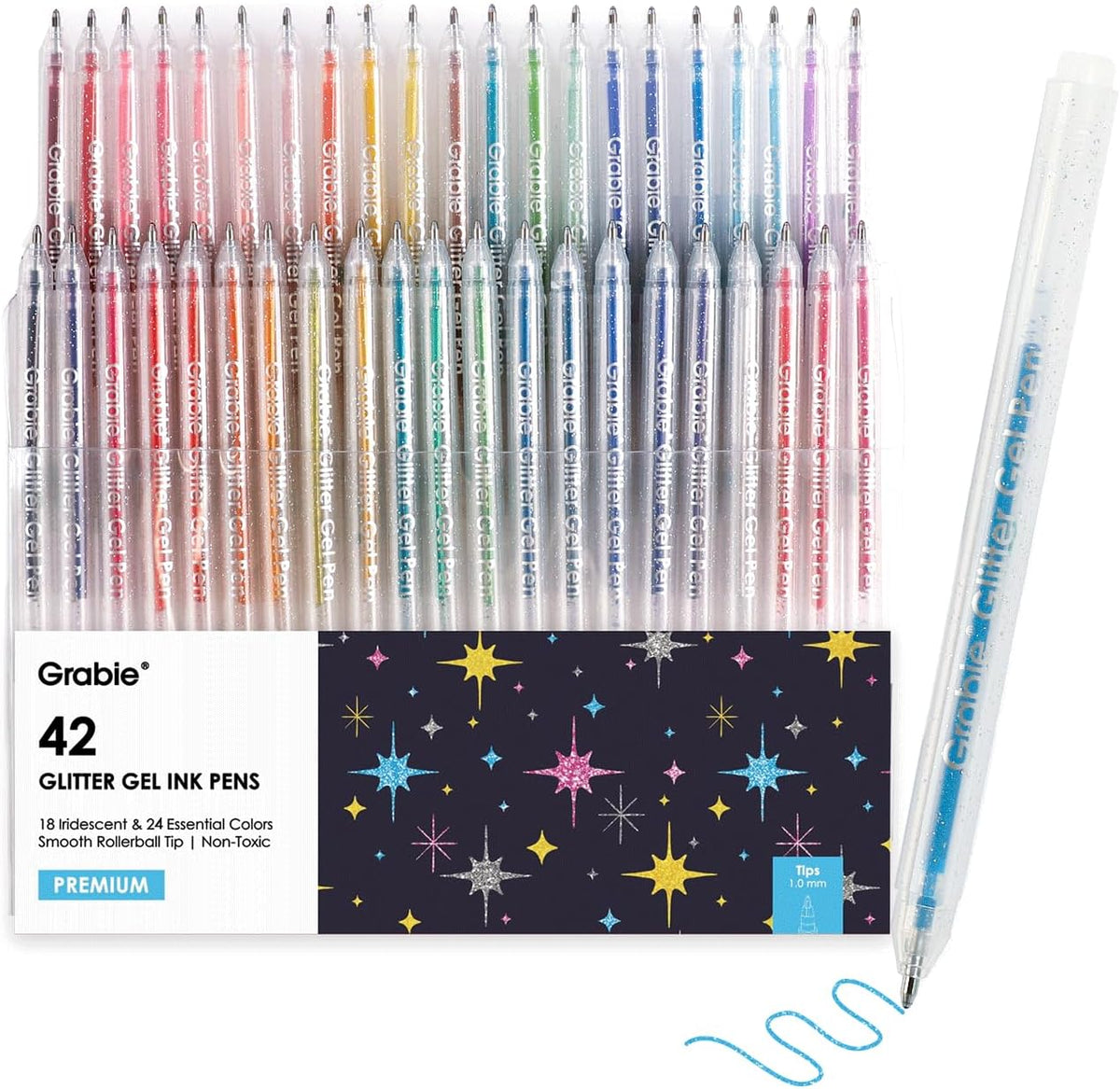42-Piece Capped Glitter Gel Pen Set with 18 Iridescent & 24 Silver Colors, 1.0mm Rollerball Tip & 5 Coloring Sheets