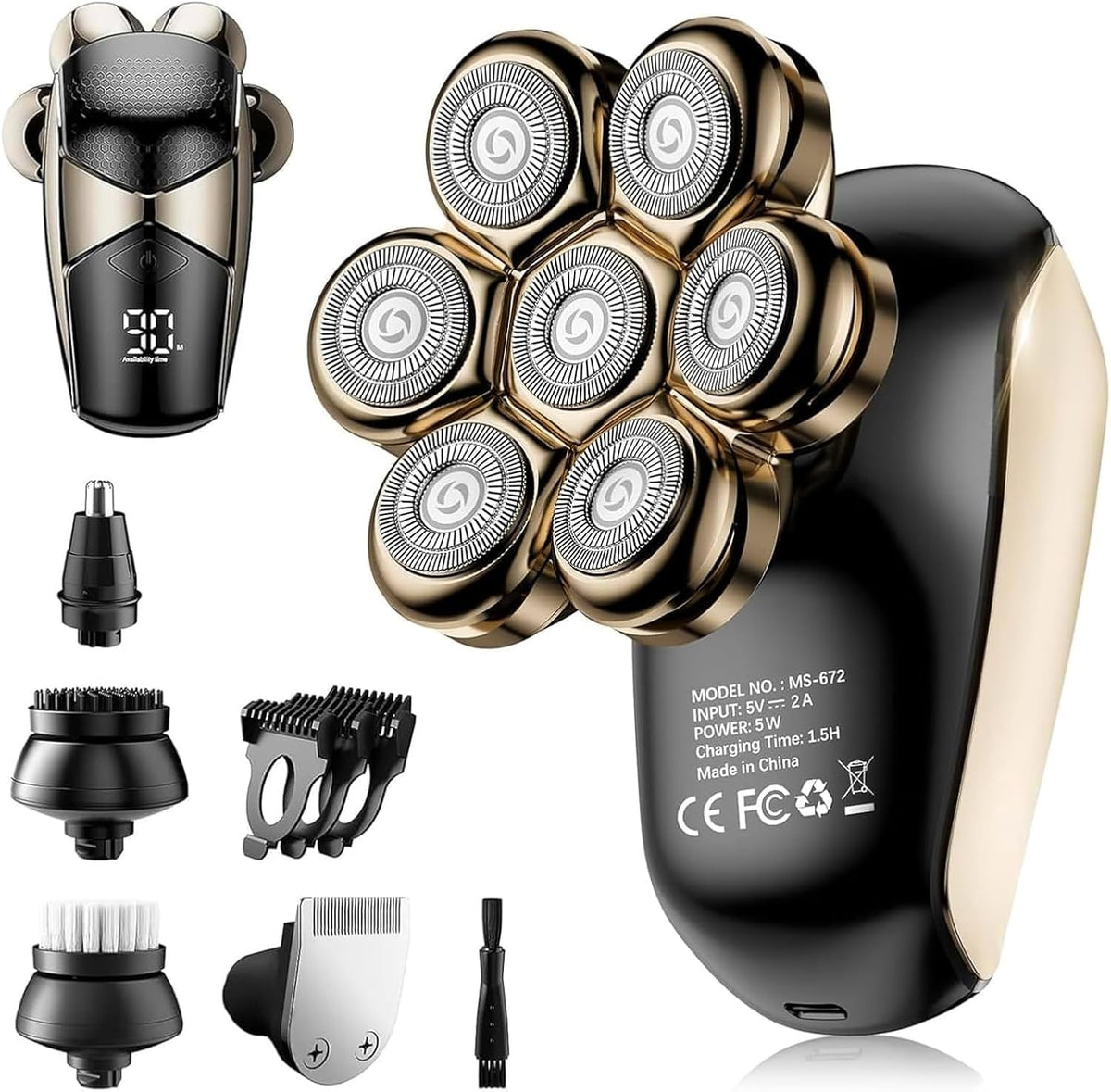 5-in-1 Electric Head Shaver for Bald Men: IPX7 Waterproof with Turbo Speed & LED Display