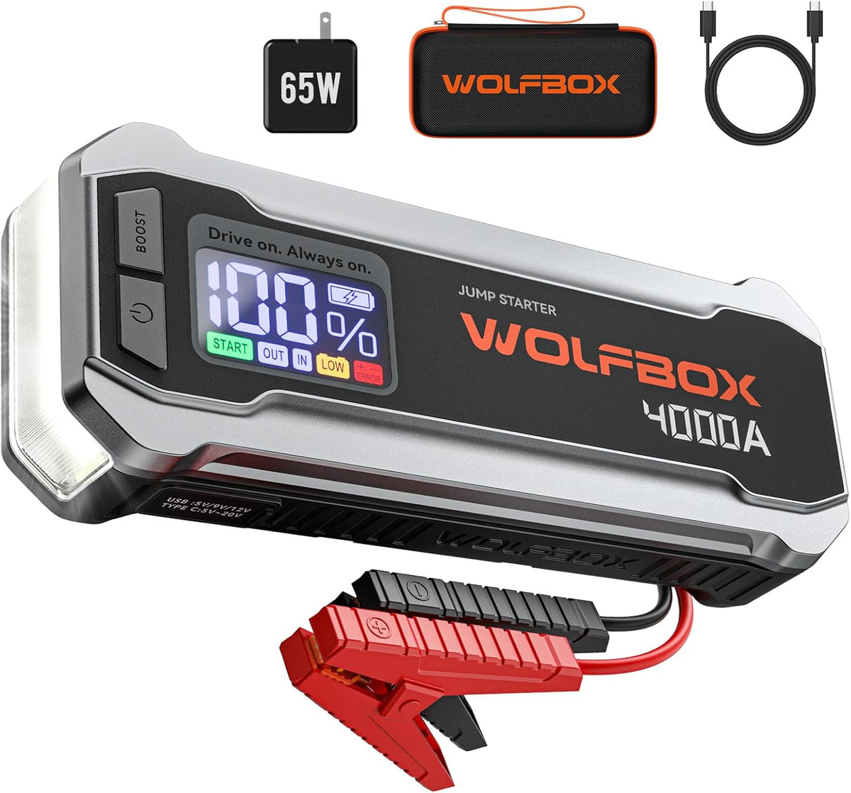 4000A 24000mAh Portable Jump Starter with 65W Quick Charger, LED Display & Flashlight for 12V Vehicles
